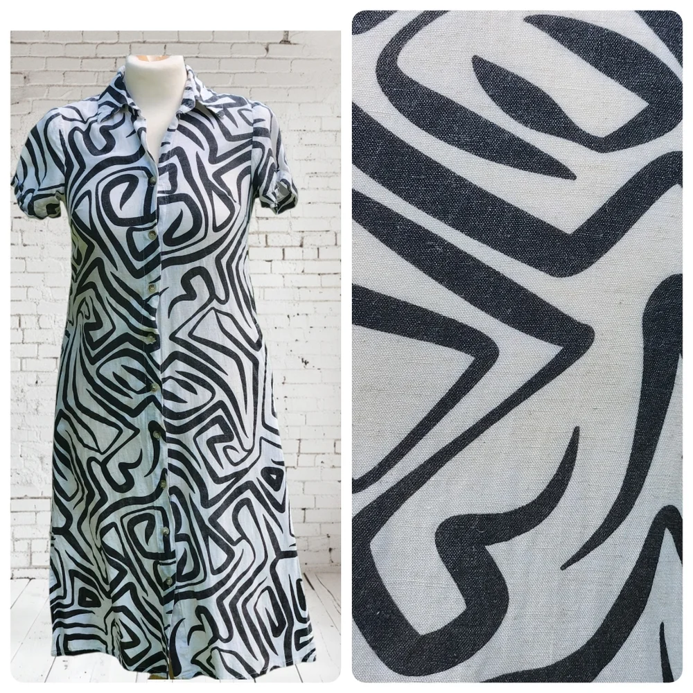 Women's Sz Small Dress Cotton Flax Abstract Maxi Artsy Lagenlook Art - Picture 2 of 10